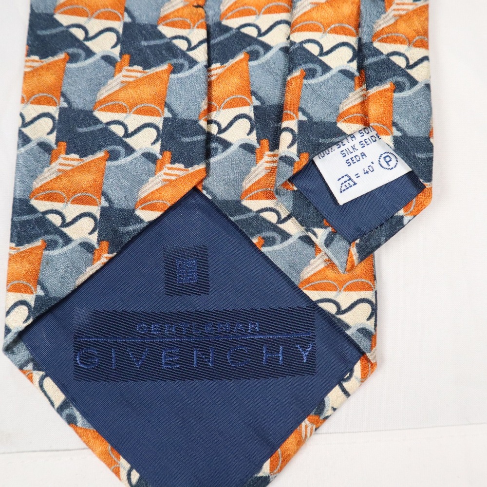 Gentleman Givenchy Paris 100% Silk Tie Orange Blue Sailboat Nautical Wave Print - Picture 4 of 5